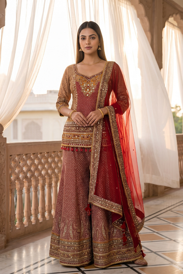 Rosewood Regal Maroon Crepe Readymade Embroidered Sharara Set With Red Dupatta - hero
