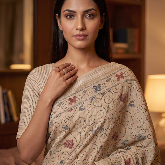 Tusser Cotton Floral Printed Saree - Close Up