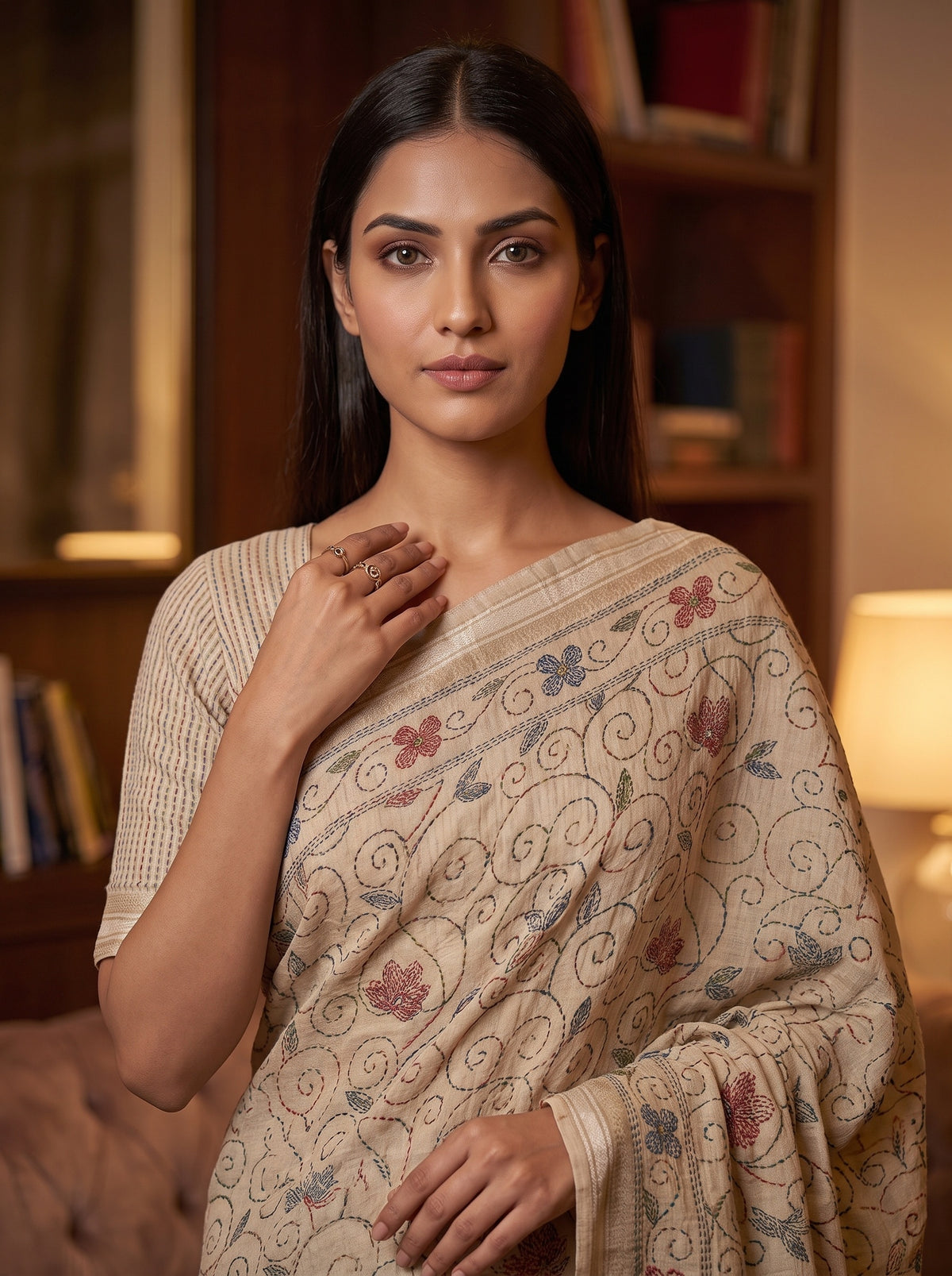 Tusser Cotton Floral Printed Saree - Close Up