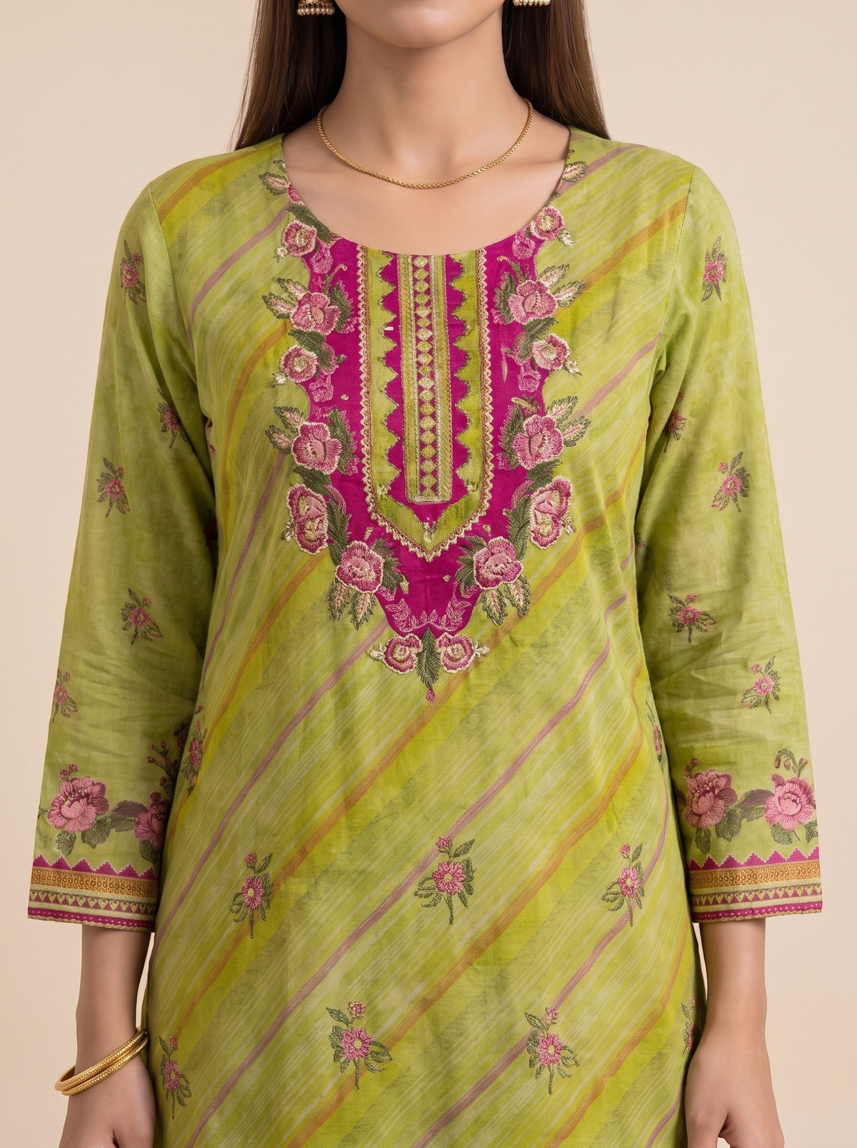 Leheriya Bloom Pista Crepe Readymade Suit And Pant With Printed Dupatta - closeup