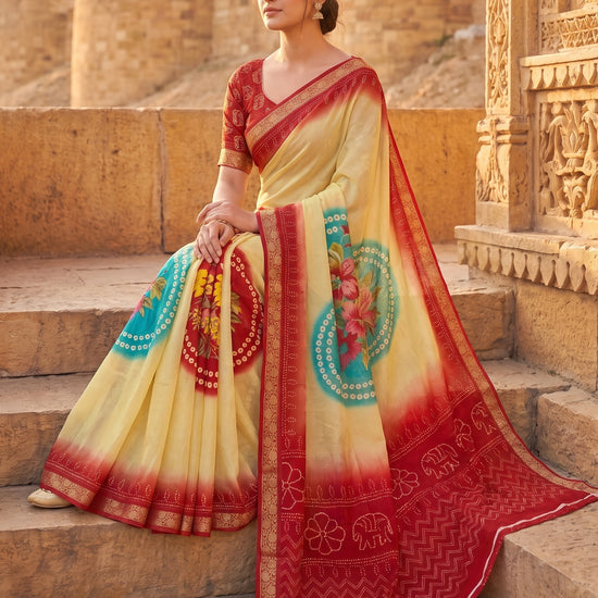 Off White Red Chinon Bandhini Printed Saree - Mood