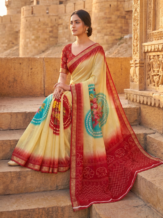Off White Red Chinon Bandhini Printed Saree - Mood