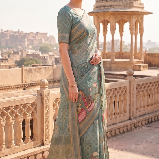 Mint Green Organza Floral Printed Saree - Mood