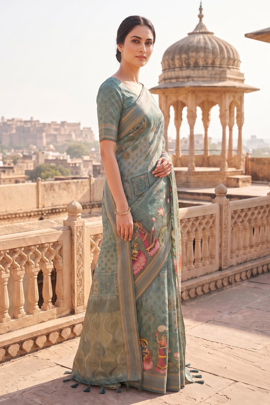 Mint Green Organza Floral Printed Saree - Mood