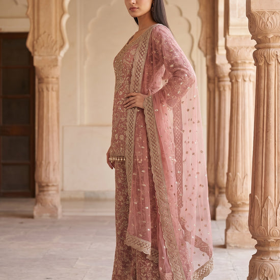 Rose Heritage Gajari Georgette Readymade Embroidered Suit And Palazzo With Georgette Dupatta - back