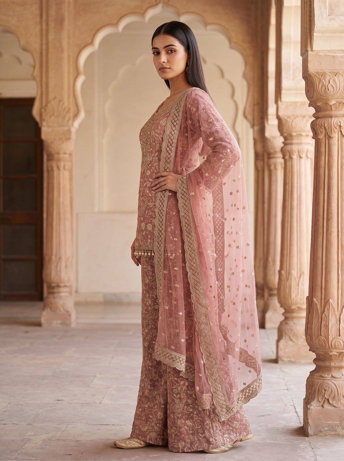 Rose Heritage Gajari Georgette Readymade Embroidered Suit And Palazzo With Georgette Dupatta - back