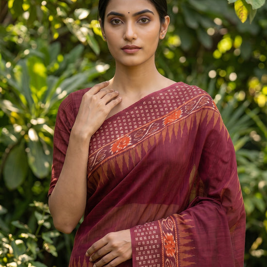 Mustard Maroon Cotton Floral Printed Saree - Close Up