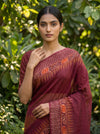 Mustard Maroon Cotton Floral Printed Saree - Close Up