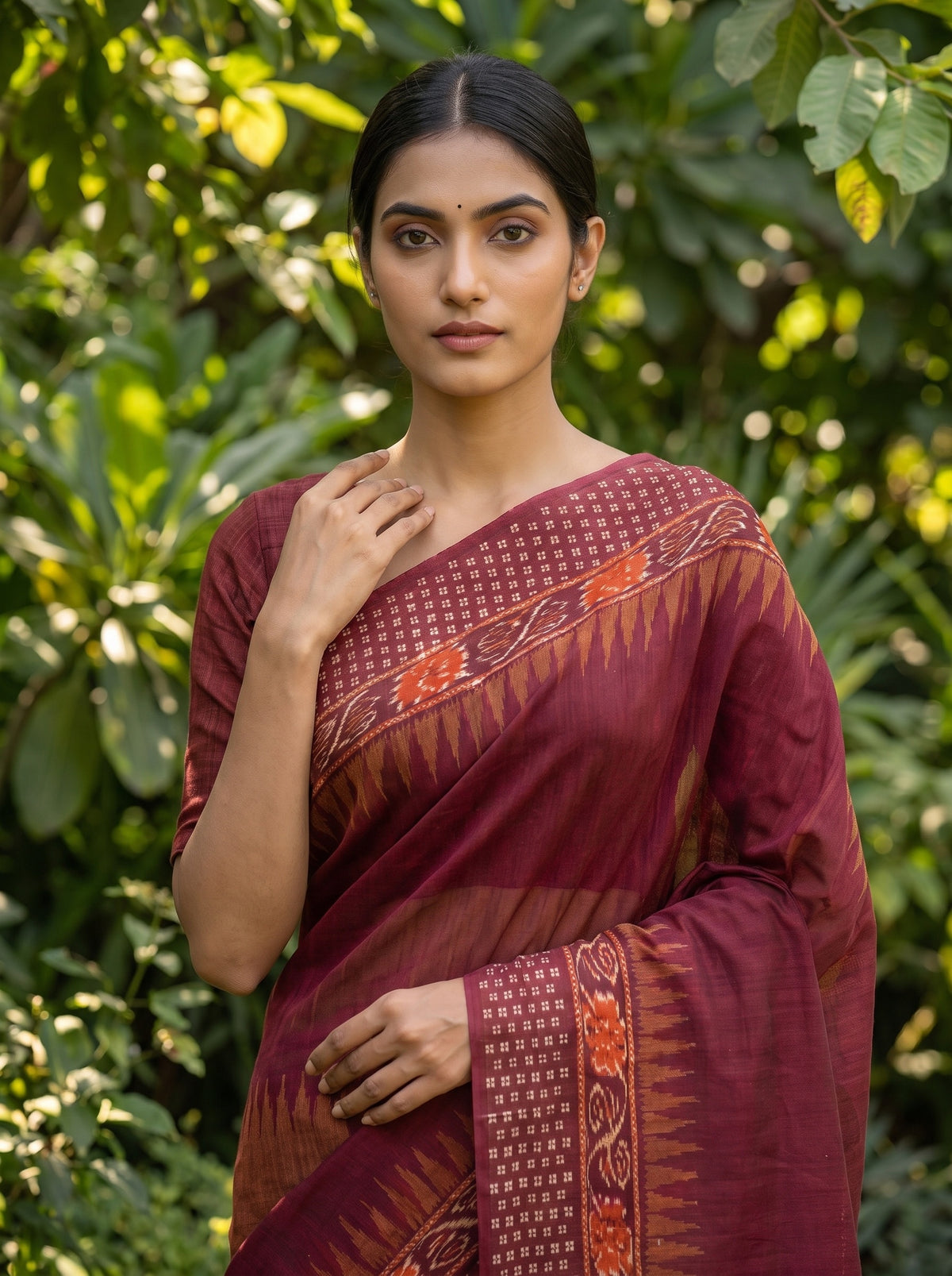 Mustard Maroon Cotton Floral Printed Saree - Close Up