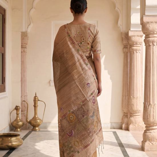 Mustard Cotton Thread Work Saree - Back