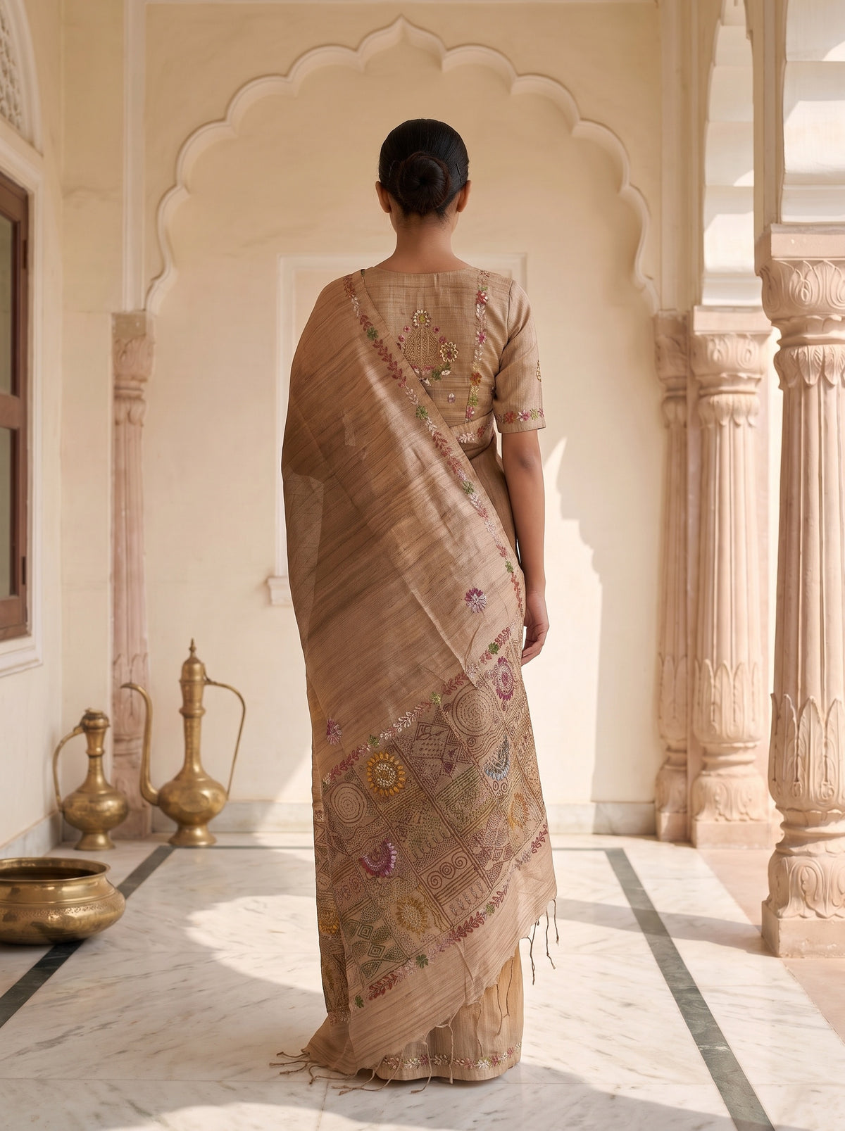 Mustard Cotton Thread Work Saree - Back