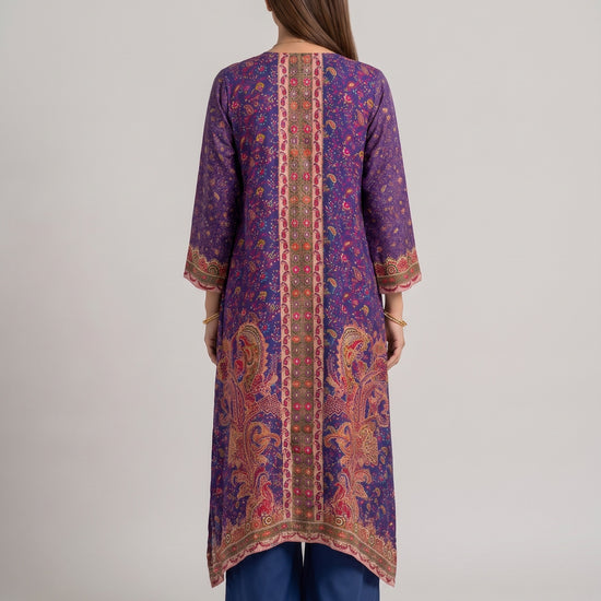 Royal Paisley Navy Crepe Readymade Suit And Pant With Printed Dupatta - back