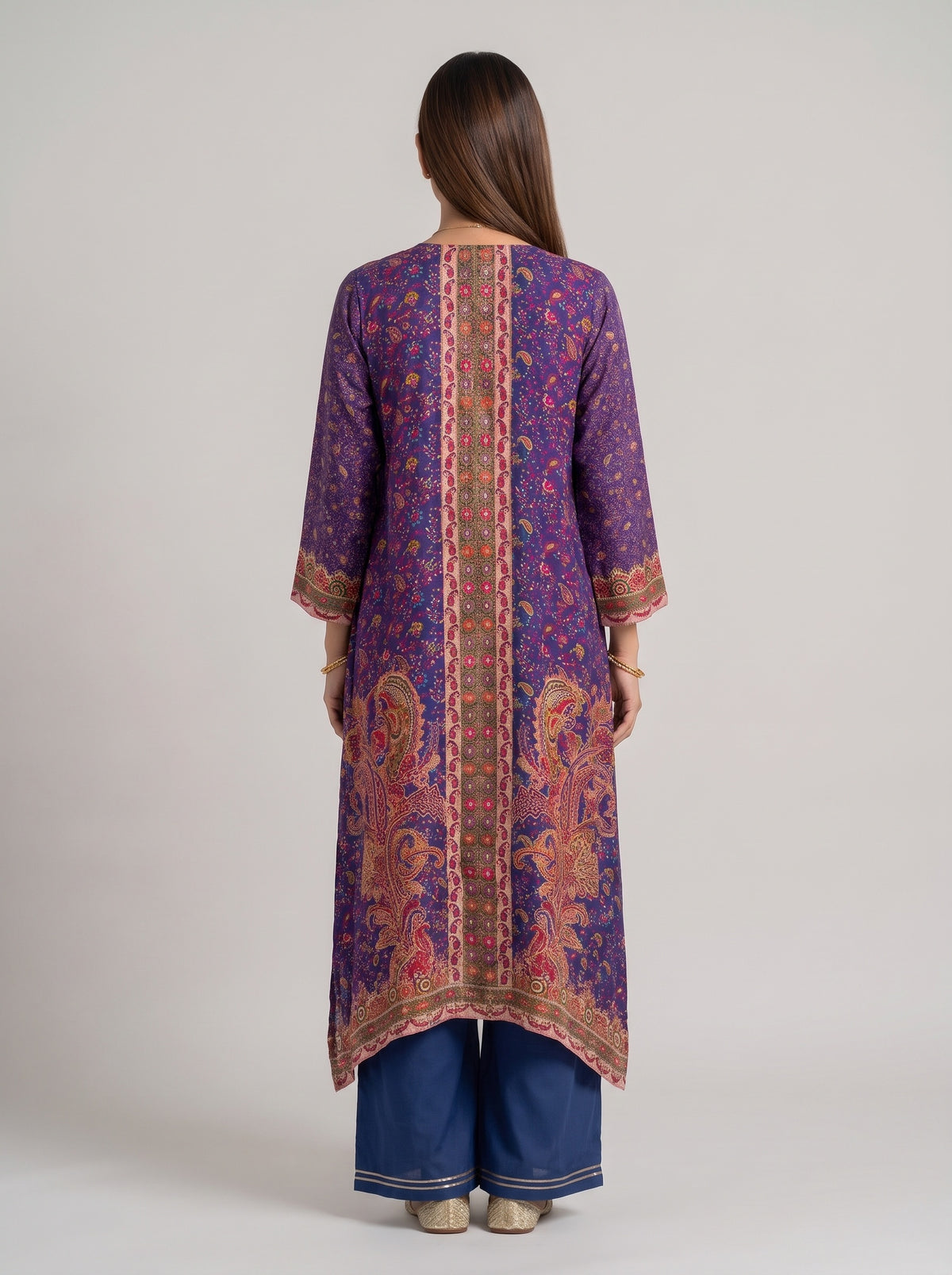 Royal Paisley Navy Crepe Readymade Suit And Pant With Printed Dupatta - back