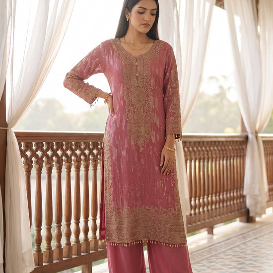 Blush Reverie Gajari Georgette Readymade Suit And Palazzo With Georgette Dupatta - mood