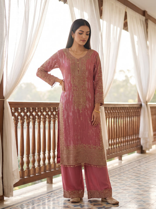 Blush Reverie Gajari Georgette Readymade Suit And Palazzo With Georgette Dupatta - mood