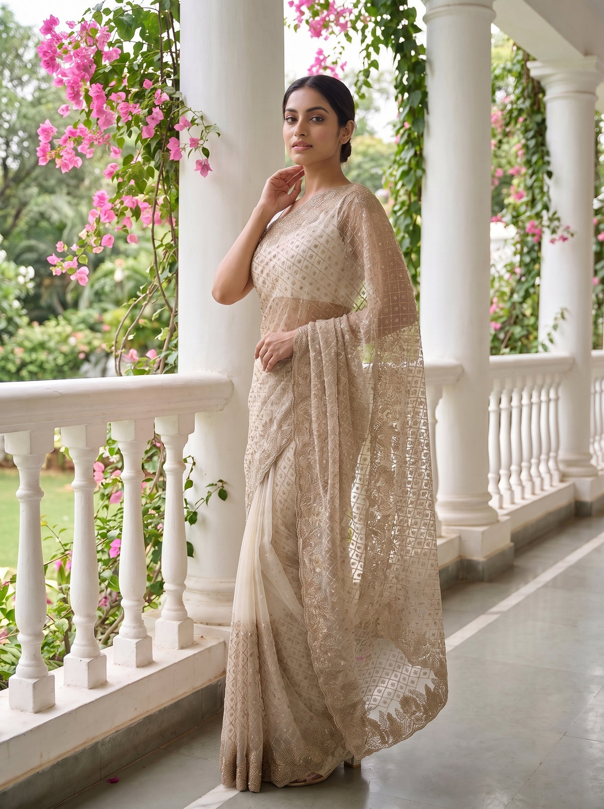 White Net Saree - Side
