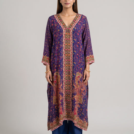 Royal Paisley Navy Crepe Readymade Suit And Pant With Printed Dupatta - mood