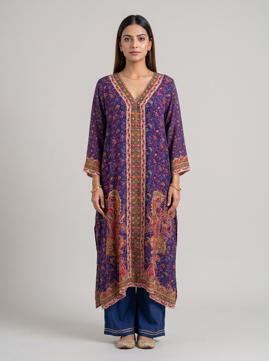 Royal Paisley Navy Crepe Readymade Suit And Pant With Printed Dupatta - mood