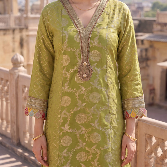 Citrus Utsav Pista Loom Readymade Suit And Palazzo With Leheriya Dupatta - closeup