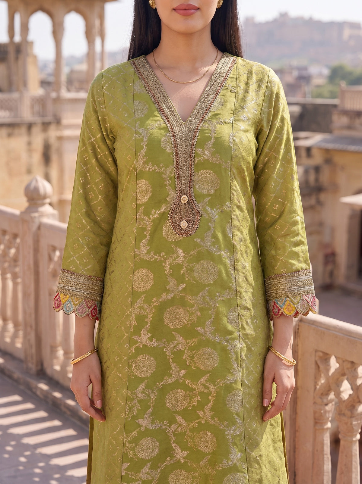Citrus Utsav Pista Loom Readymade Suit And Palazzo With Leheriya Dupatta - closeup