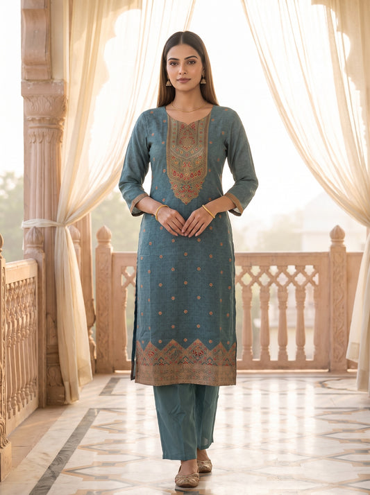 Monsoon Slate Grey Cotton Readymade Suit - mood