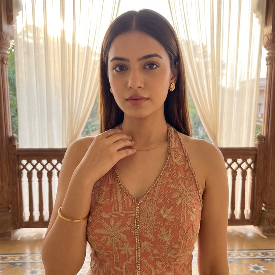 Sunlit Grace Peach Georgette Readymade Halter Suit Set And Palazzo With Crush Tissue Dupatta - closeup