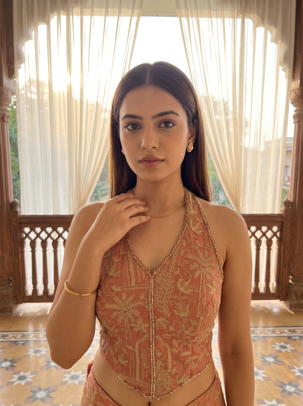 Sunlit Grace Peach Georgette Readymade Halter Suit Set And Palazzo With Crush Tissue Dupatta - closeup