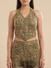 Henna Glow Mehndi Georgette Readymade Halter Top And Palazzo Set With Crush Tissue Dupatta - closeup