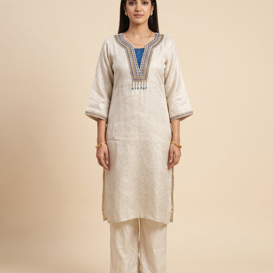 Peacock Muse Tussar Shimmer Readymade Kurta And Pant With Tissue Dupatta - mood