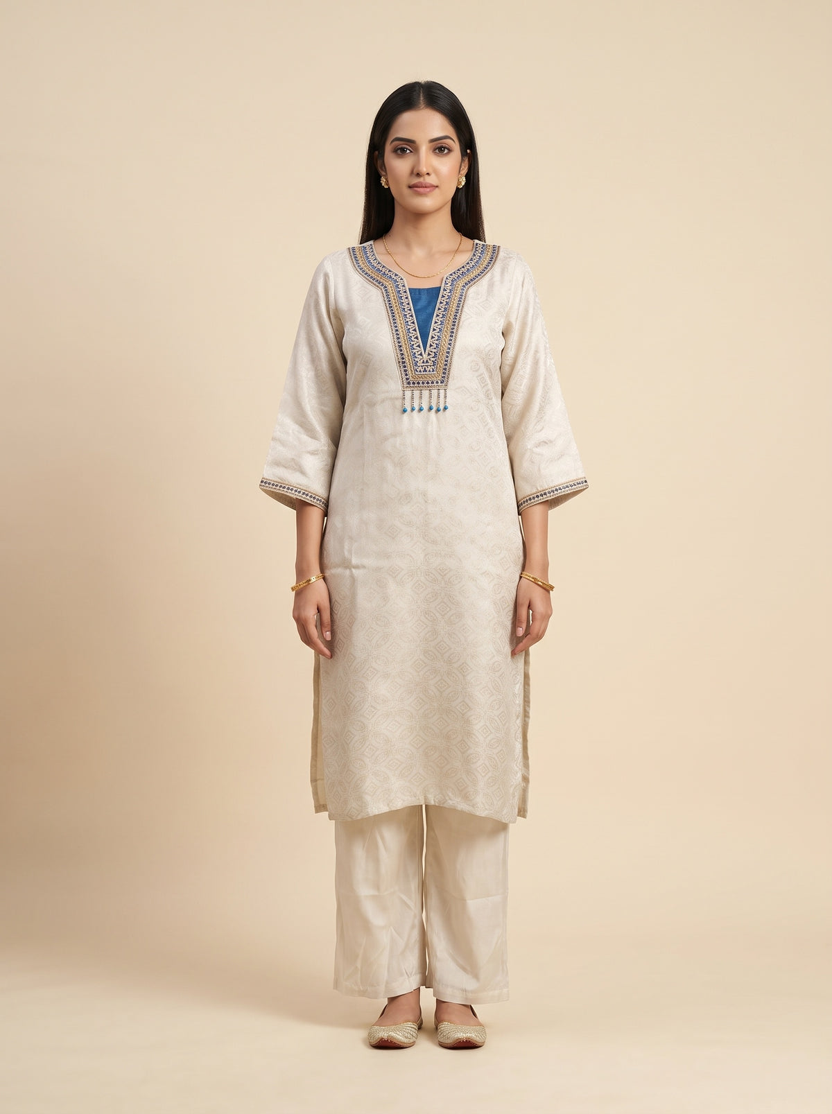 Peacock Muse Tussar Shimmer Readymade Kurta And Pant With Tissue Dupatta - mood
