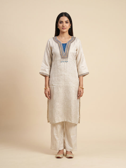 Peacock Muse Tussar Shimmer Readymade Kurta And Pant With Tissue Dupatta - mood