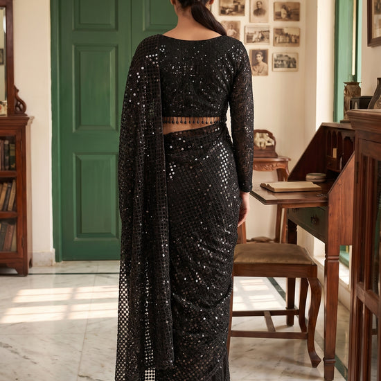 Black Net Saree - Back