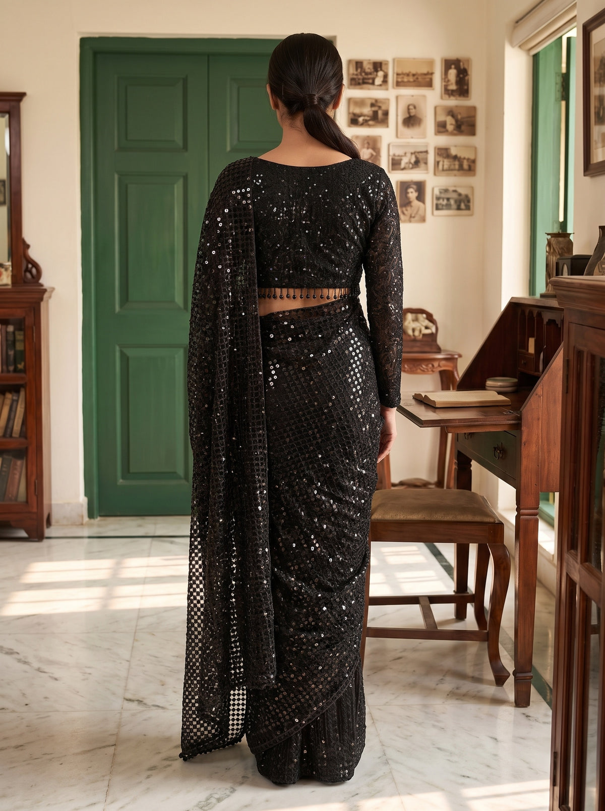 Black Net Saree - Back