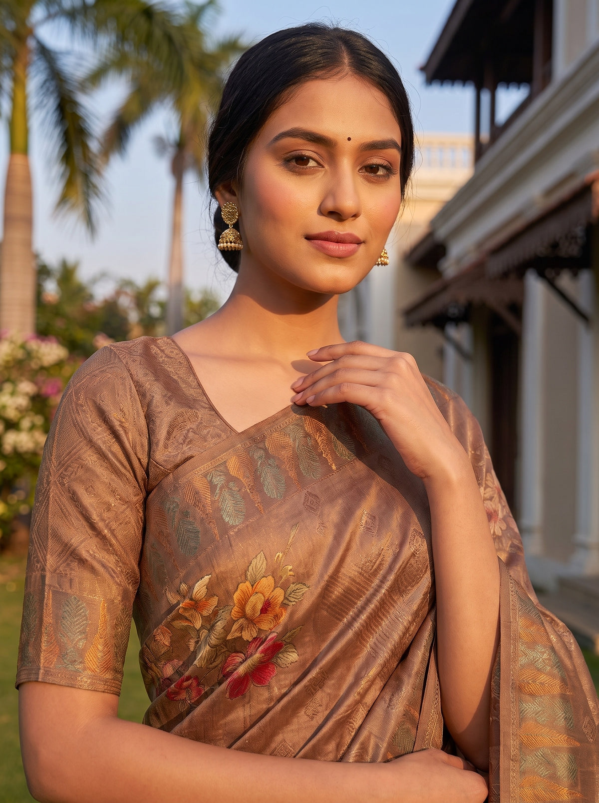 Tussar Organza Floral Printed Saree - Close Up