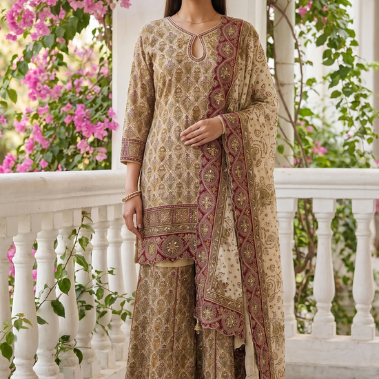 Ivory Heirloom Crepe Readymade Sharara Suit Set With Maroon Border Dupatta - hero