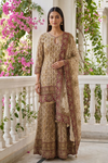 Ivory Heirloom Crepe Readymade Sharara Suit Set With Maroon Border Dupatta - hero