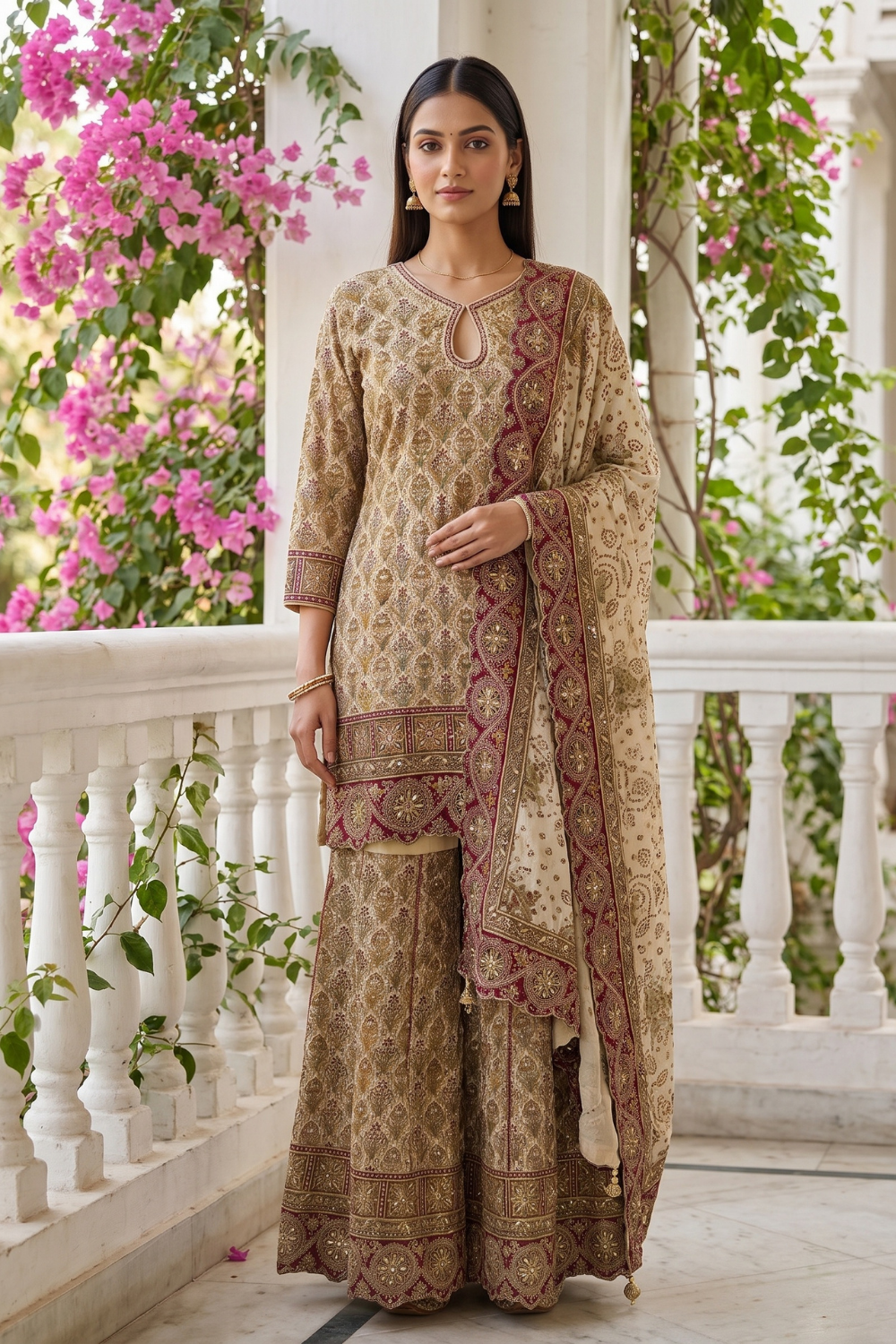 Ivory Heirloom Crepe Readymade Sharara Suit Set With Maroon Border Dupatta - hero