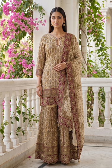 Ivory Heirloom Crepe Readymade Sharara Suit Set With Maroon Border Dupatta - hero