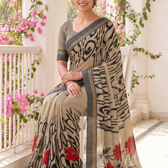 Black Tusser Cotton Floral Printed Saree - Mood
