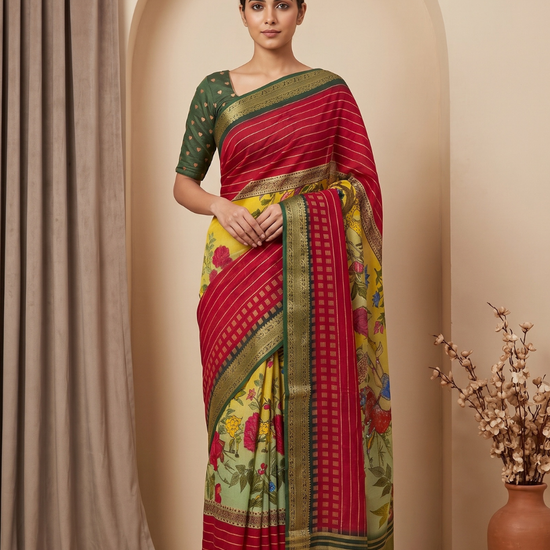 Pista Maroon Muslin Floral Printed Saree - Hero