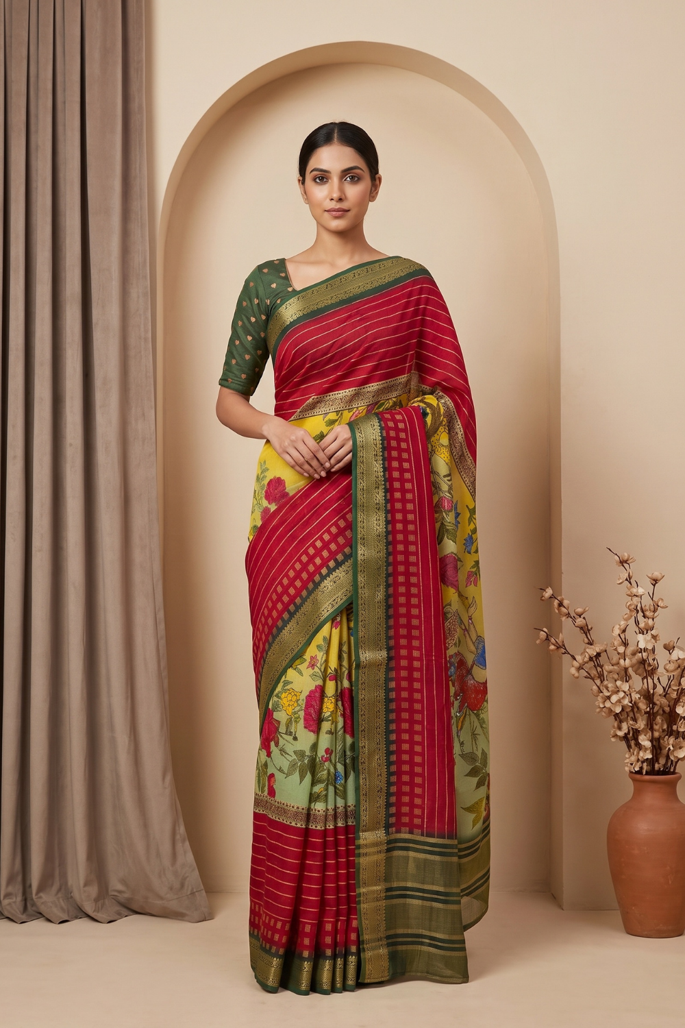 Pista Maroon Muslin Floral Printed Saree - Hero