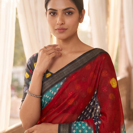 Maroon Chinon Bandhini Printed Saree - Close Up
