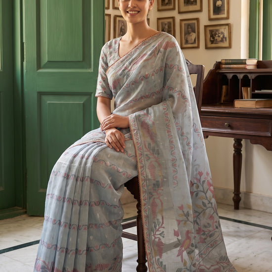 Sky Blue Chanderi Cotton Printed Saree - Mood