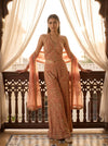 Sunlit Grace Peach Georgette Readymade Halter Suit Set And Palazzo With Crush Tissue Dupatta - mood