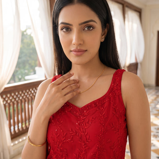 Scarlet Romance Red Net Readymade Sharara Set With Net Dupatta - closeup