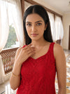 Scarlet Romance Red Net Readymade Sharara Set With Net Dupatta - closeup