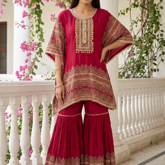 Regal Glow Gajari Crepe Readymade Sharara Set With Dupatta - hero