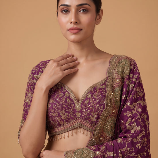 Magenta Mirage Crepe Readymade Crop Top And Sharara Set With Dupatta - closeup
