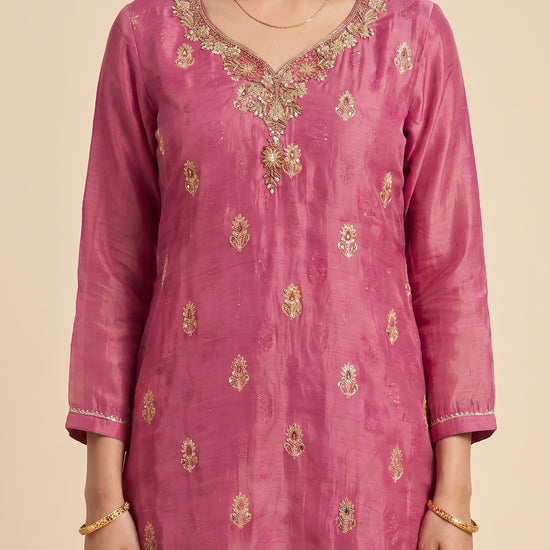 Rose Brocade Dark Gajari Shimmer Readymade Suit And Palazzo With Dupatta - closeup