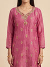 Rose Brocade Dark Gajari Shimmer Readymade Suit And Palazzo With Dupatta - closeup